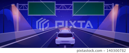 Highway with traffic signs, car passing through overhead lane signals at night, vector flat transport traffic signboard Highway with traffic signs, car passing through overhead lane signals at night, vector flat transport traffic signboard 140300782
