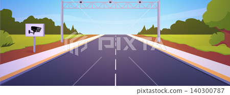 Highway with video camera recording, vector flat empty vehicle transport traffic on summer forest nature landscape Highway with video camera recording, vector flat empty vehicle transport traffic on summer forest nature landscape 140300787