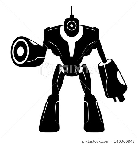 A black silhouette of a combat robot with a massive body and a blaster cannon instead of arms. A black silhouette of a combat robot with a massive body and a blaster cannon instead of arms. 140300845