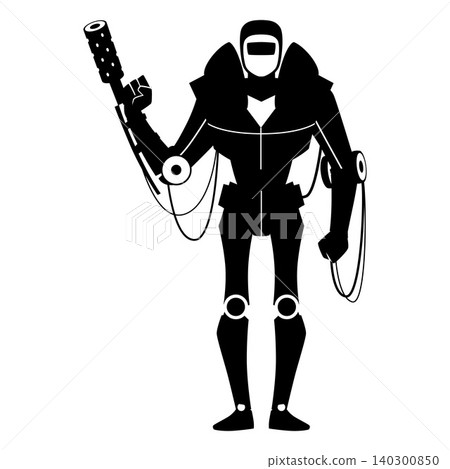 Robot warrior vector black silhouette, cartoon transformer battle robot armed with laser gun, sci-fi cyborg game soldier Robot warrior vector black silhouette, cartoon transformer battle robot armed with laser gun, sci-fi cyborg game soldier 140300850