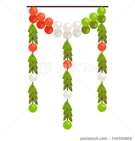 Hanging Indian decorative garland of red and white beads and green leaves. Hanging Indian decorative garland of red and white beads and green leaves. 140300868