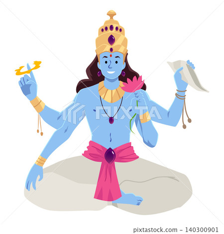 A blue-skinned deity of Vishnu, seated in a lotus position, with four arms, holding a shankha conch A blue-skinned deity of Vishnu, seated in a lotus position, with four arms, holding a shankha conch 140300901