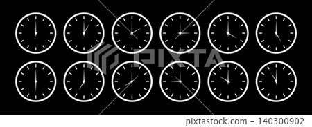 Round clocks faces. Set of Clock hands white icon. Stopwatch with different time. Time graphic circle sign, symbol. Watch face illustration. Noon, morning, evening time watch pattern. Hour simple icon 140300902