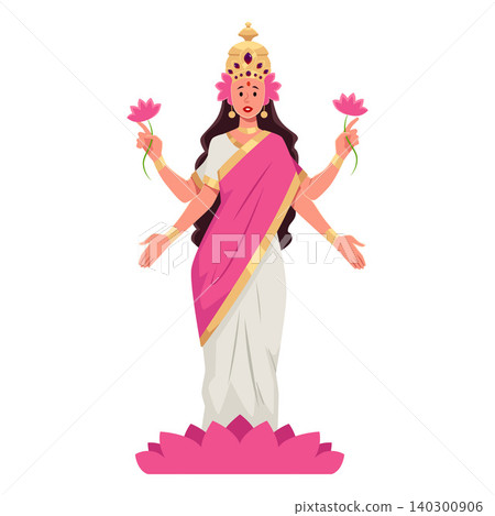 The Indian deity Lakshmi, wearing a pink sari and a golden crown, with four arms and a lotus. The Indian deity Lakshmi, wearing a pink sari and a golden crown, with four arms and a lotus. 140300906
