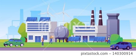 A horizontal banner of an eco-industrial complex with workers, cars, wind turbines, solar panels A horizontal banner of an eco-industrial complex with workers, cars, wind turbines, solar panels 140300914