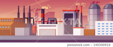 An industrial complex banner with smoking chimneys and silos against a pink sunset. An industrial complex banner with smoking chimneys and silos against a pink sunset. 140300918