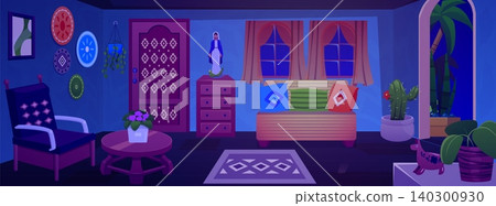 A traditional Mexican home interior at night with authentic furniture and ethnic decor. A traditional Mexican home interior at night with authentic furniture and ethnic decor. 140300930