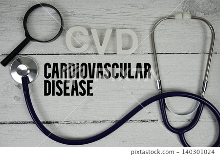 CVD Cardiovascular Disease text with Stethoscope on wooden background CVD Cardiovascular Disease text with Stethoscope on wooden background 140301024