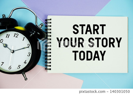 Start Your Story Today text written on notepad with alarm clock flat lay on multicolor pastel background Start Your Story Today text written on notepad with alarm clock flat lay on multicolor pastel background 140301050