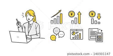 Illustration material: Female business person speaking in front of a PC and icon set Illustration material: Female business person speaking in front of a PC and icon set 140301147