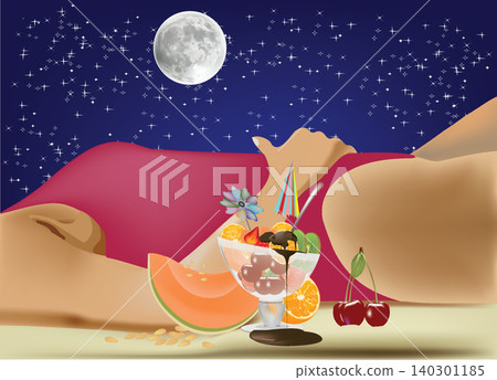 Woman relaxing with fruit salad under full moon Woman relaxing with fruit salad under full moon 140301185
