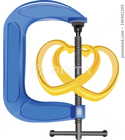 C clamp tightening golden wedding rings forming heart shape C clamp tightening golden wedding rings forming heart shape 140301203