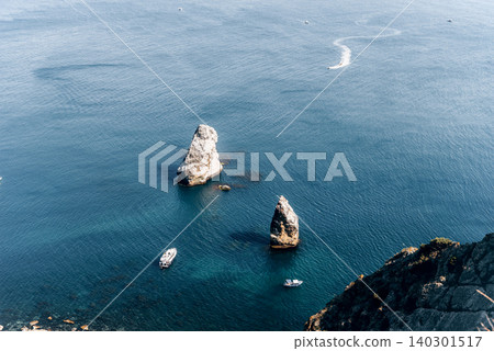 Yacht boats with tourists sailing on water Black Sea, seascape panorama summer Yacht boats with tourists sailing on water Black Sea, seascape panorama summer 140301517