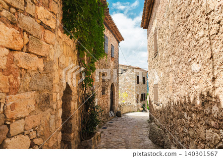 Stone alley with historic limestone houses in medieval Siurana village, Catalonia, Spain 140301567