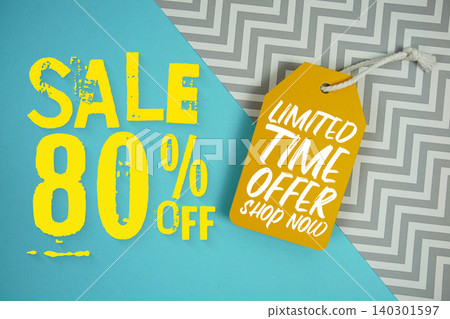 Sale 80% Off and Limited Time offer with Price Tag on blue background Sale 80% Off and Limited Time offer with Price Tag on blue background 140301597