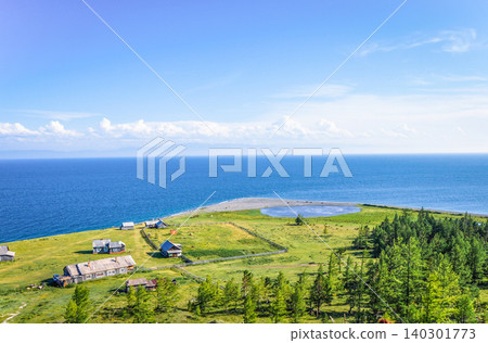 Landscape of blue deep lake sun day summer, clouds sky, Baikal Siberia Russia 140301773
