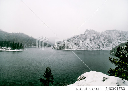 Krasnoyarsk Reservoir on Yenisei River, winter landscape on cloudy day Siberia Krasnoyarsk Reservoir on Yenisei River, winter landscape on cloudy day Siberia 140301780