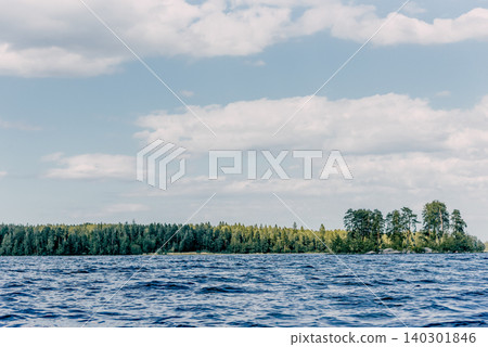 Landscape of summer river Vuoksa among stones, fast flow water reservoir Russia 140301846
