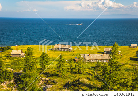 Landscape of blue deep lake sun day summer, clouds sky, Baikal Siberia Russia 140301912