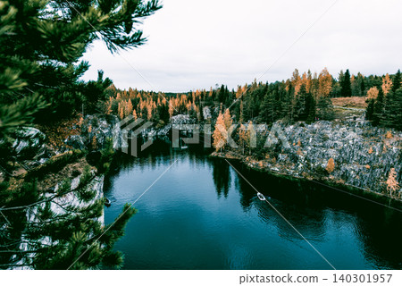 Granite marble quarry with Lake Ruskeala in Karelia, Russia, summer landscape Granite marble quarry with Lake Ruskeala in Karelia, Russia, summer landscape 140301957