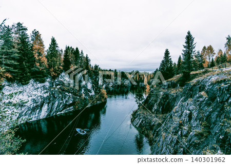 Granite marble quarry with Lake Ruskeala in Karelia, Russia, summer landscape 140301962