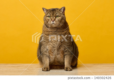 A large Scottish Straight cat sits on a wooden table against a bright yellow background 140302426