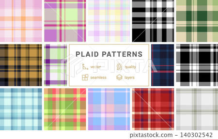 Plaid pack for layered interior styling. Multiple tartan patterns create variety for home textiles collections. Vector scalability supports large formats. Plaid pack for layered interior styling. Multiple tartan patterns create variety for home textiles collections. Vector scalability supports large formats. 140302542
