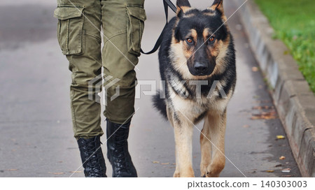 German shepherd dog walking by handler in cargo pants and boots on duty patrol German shepherd dog walking by handler in cargo pants and boots on duty patrol 140303003