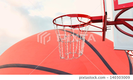 Basketball hoop and large inflatable ball under cloudy sky 140303009