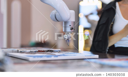 Robotic arm with brush painting on canvas. AI creativity and future technology concept Robotic arm with brush painting on canvas. AI creativity and future technology concept 140303038