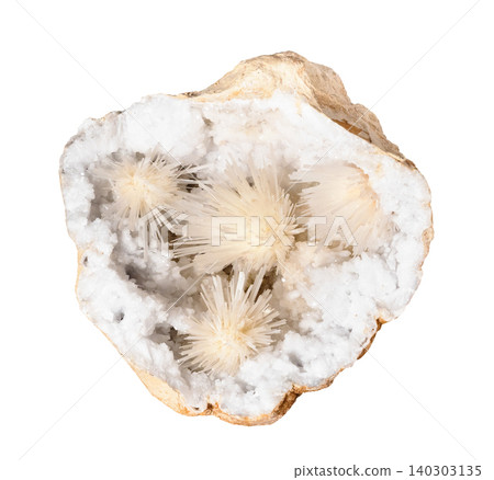 scolecite spray crystals in quartz geode cutout 140303135
