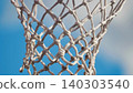 Close up of a basketball net against a bright blue sky 140303540