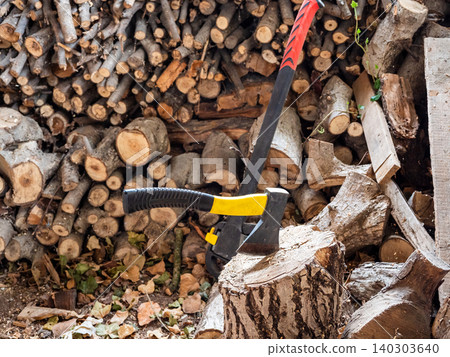 axe into stump and cleaver neat sawn firewood 140303640