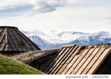 roofs in Monastery of Haghpat and snowy mountain roofs in Monastery of Haghpat and snowy mountain 140303789