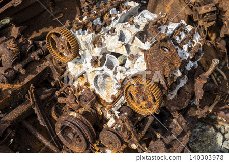Corroded Vehicle Engine with Aluminum Block Close Up. 140303978