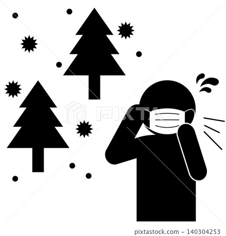 A silhouette of a person wearing a mask and sneezing due to hay fever, along with cedar pollen. 140304253