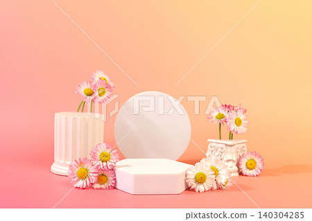 Beautiful banner with daisies blossoms and empty varied product display stands, design template, and a display. Abstract floral arrangement for a product display business .Minimal modern aesthetics Beautiful banner with daisies blossoms and empty varied product display stands, design template, and a display. Abstract floral arrangement for a product display business .Minimal modern aesthetics 140304285