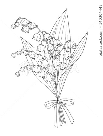 Line drawing illustration of a bouquet of lilies of the valley Line drawing illustration of a bouquet of lilies of the valley 140304445