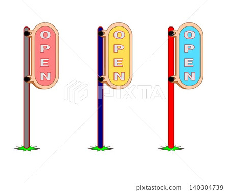 Open sign vector illustration on wooden pole set Open sign vector illustration on wooden pole set 140304739