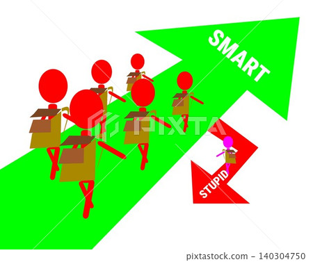 Group of people walking on green arrow of smart choice while one person goes to red arrow of stupid decision illustration Group of people walking on green arrow of smart choice while one person goes to red arrow of stupid decision illustration 140304750