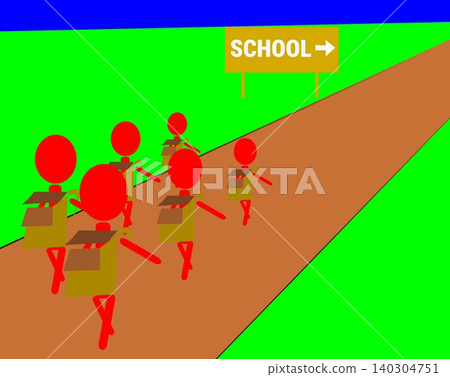 Group of student stick figures with backpacks walking on a path toward school sign vector illustration 140304751
