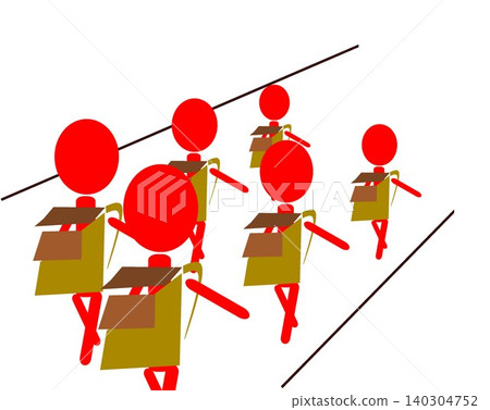 Group of red student stick figures with backpacks walking in formation vector illustration Group of red student stick figures with backpacks walking in formation vector illustration 140304752