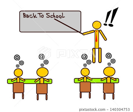 Teacher stick figure pointing at back to school board in front of confused students vector illustration Teacher stick figure pointing at back to school board in front of confused students vector illustration 140304753