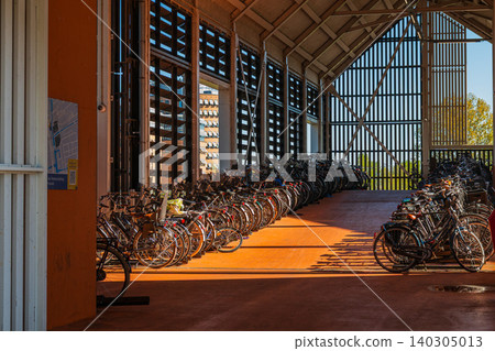 Bicycle parking garage in Netherlands with rows of parked bikes, interior of modern eco transport station under dramatic sunlight with shadows in Zaandam, dutch lifestyle 140305013