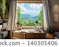 Reading table with nature view background 3d render 140305406