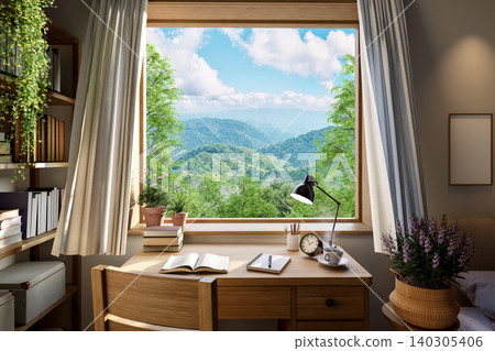 Reading table with nature view background 3d render Reading table with nature view background 3d render 140305406