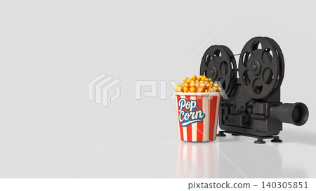 Classic Movie Night With Popcorn And Vintage Film Camera 3d render. Classic Movie Night With Popcorn And Vintage Film Camera 3d render. 140305851