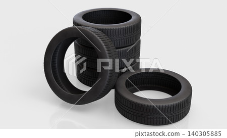 Stacked Black Car Tires For Automotive Service 3d render. Stacked Black Car Tires For Automotive Service 3d render. 140305885