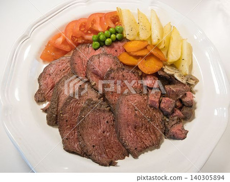 烤牛肉拼盤,妻子做的家常菜,在家享用的晚餐,幸福的一家人。 烤牛肉拼盤,妻子做的家常菜,在家享用的晚餐,幸福的一家人。 140305894
