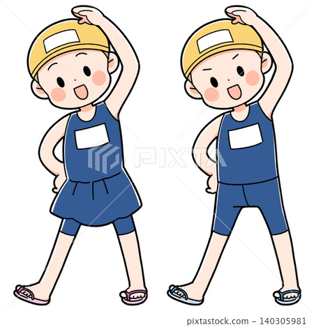 An illustration of a boy and a girl doing gymnastics in swimsuits. An illustration of a boy and a girl doing gymnastics in swimsuits. 140305981